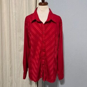 Joanna Plus Red Striped Metallic Lurex Button Down Blouse 3X Long Sleeve Stretch